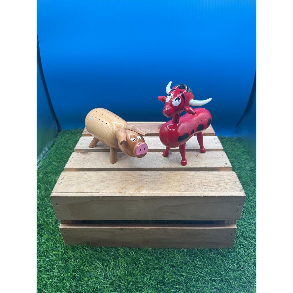 Vintage Wooden Pig & Bull Cribbage Board Peg Holders Japan MCM-Set of 2 w/ Boxes